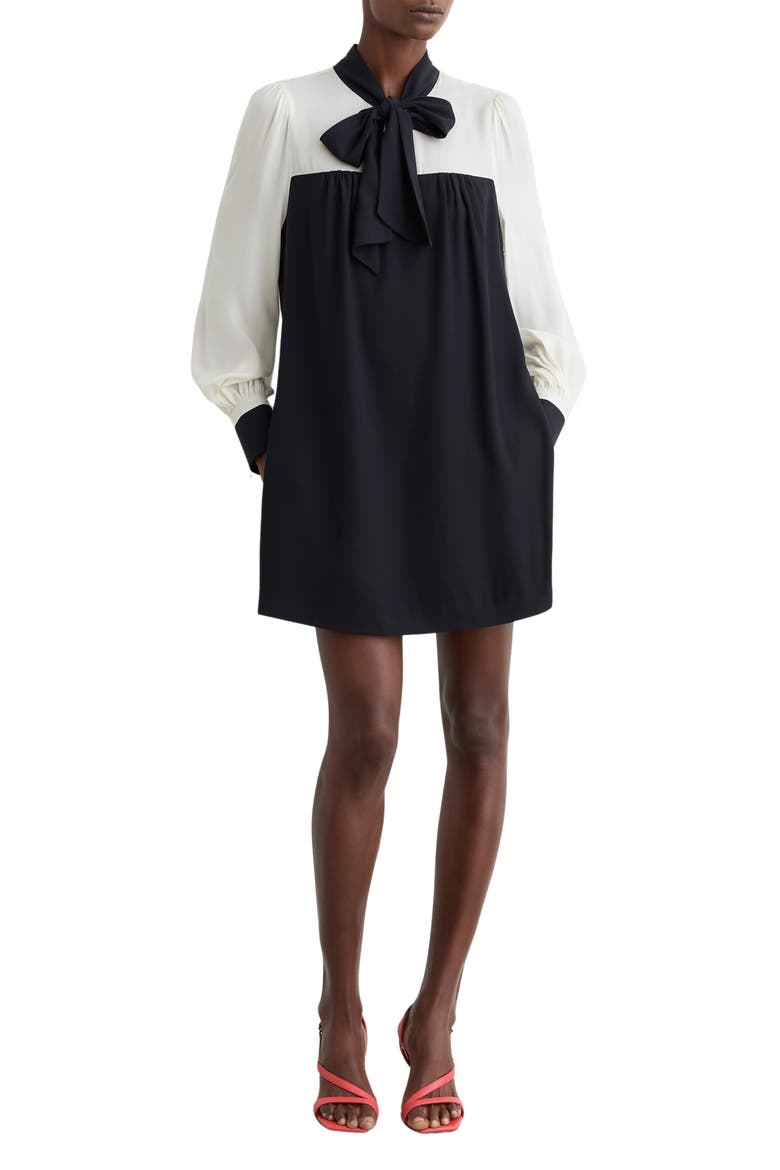Cam Tie-Neck Shift Dress, Alternate, color, NAVY/ IVORY