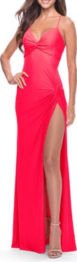 La Femme Soft Jersey Dress with Knot Detail on Bust and Hip