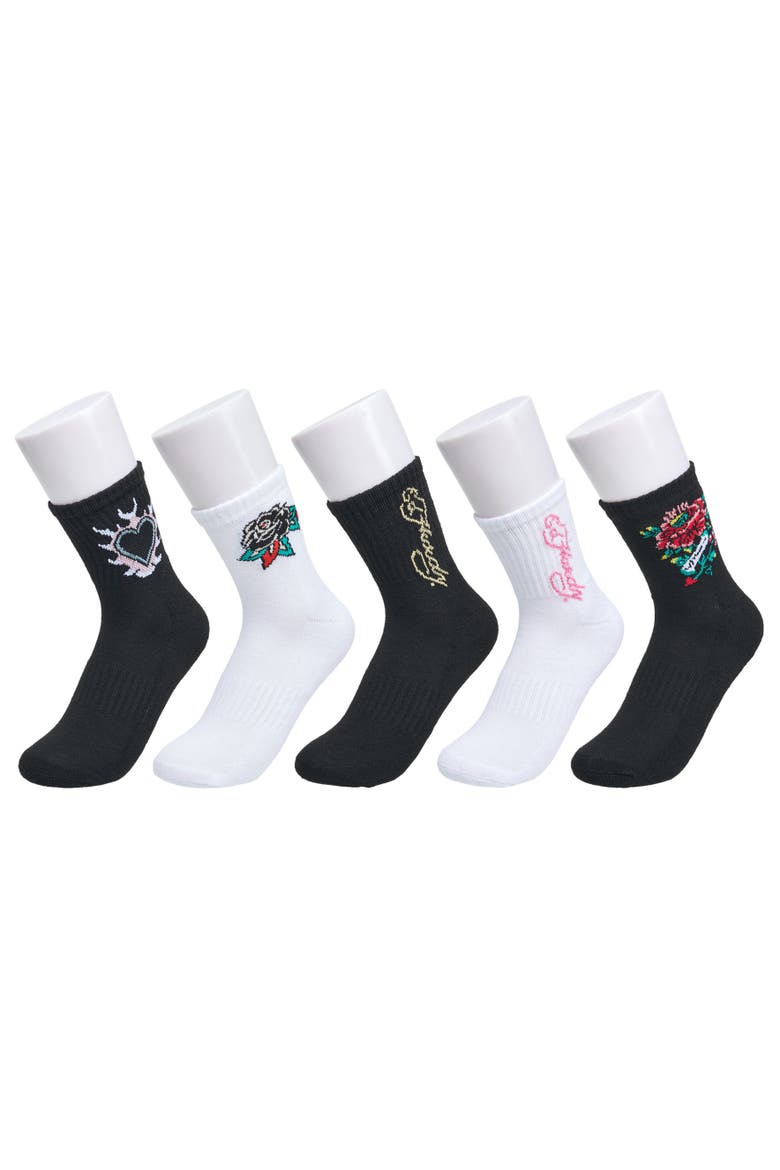 Flower Print Half Cushion Mid Crew Sock 5-Pack, Main, color, Black White