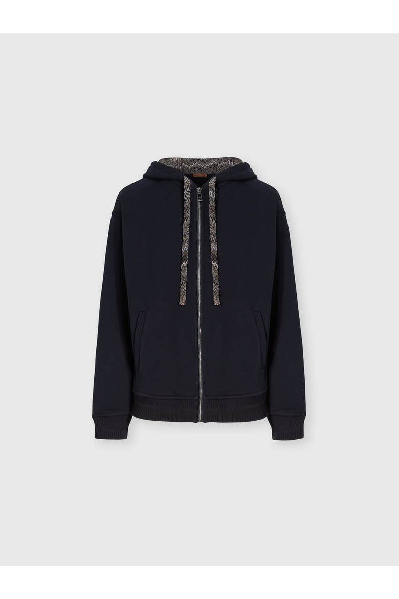 Cotton Fleece Cardigan With Zigzag Insert And Hood, Alternate, color, Navy Blue