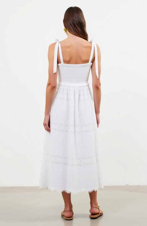Modenaire Smocked Lace Eyelet Maxi Dress With Scalloped Hem In White
