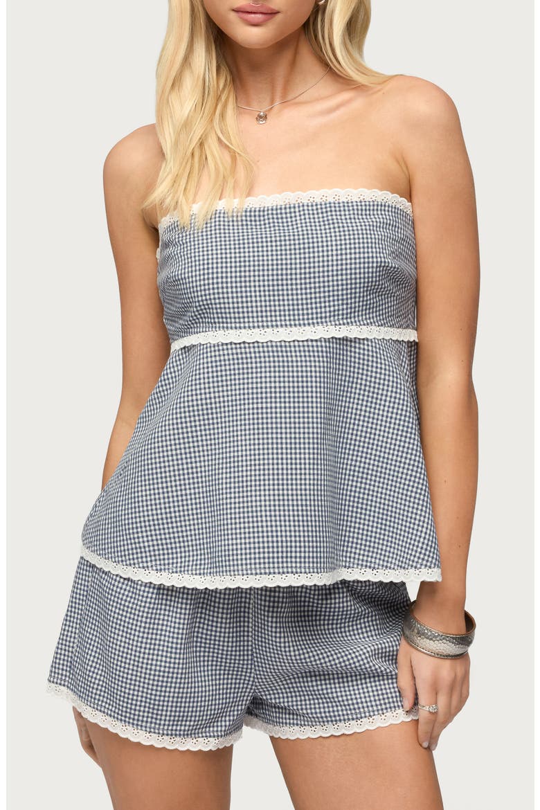 Ellie Lace Gingham Strapless Top, Main, color, WHITE-AND-NAVY