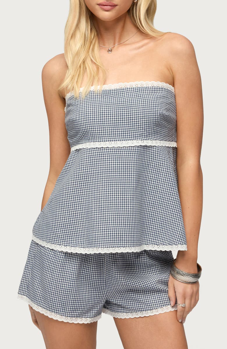 EDIKTED Ellie Lace Gingham Strapless Top, Main, color,