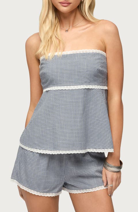 Ellie Lace Gingham Strapless Top