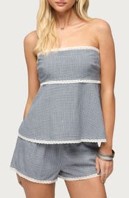 EDIKTED Ellie Lace Gingham Strapless Top