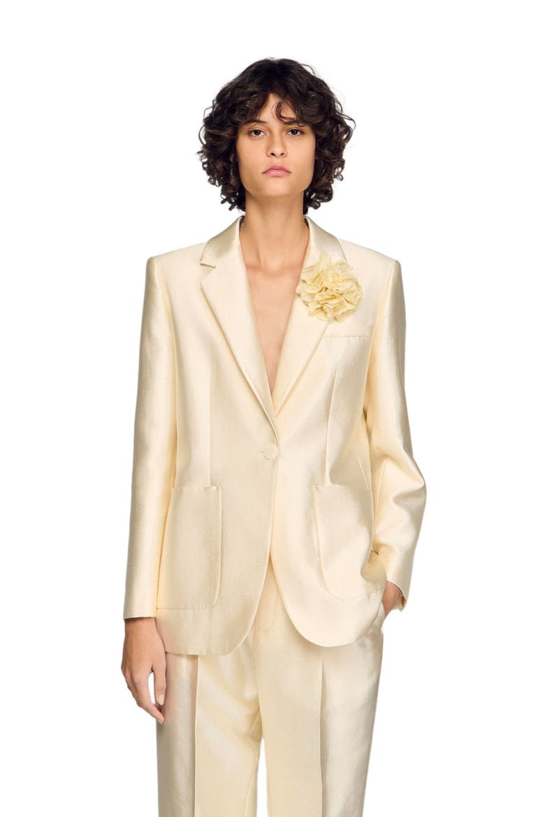 Satin jacket with flower detail, Main, color, Cream