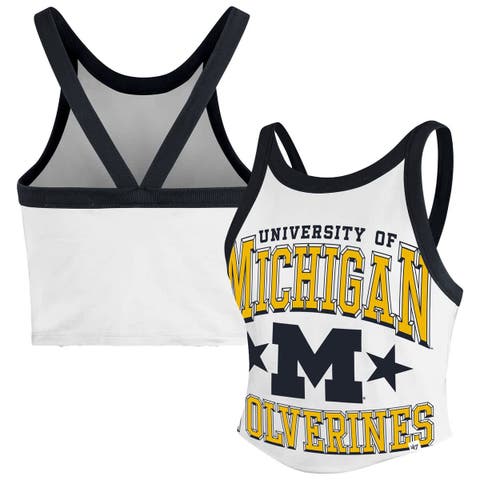Women's '47 White Michigan Wolverines Energize Sporty Cropped Racerback Tank Top
