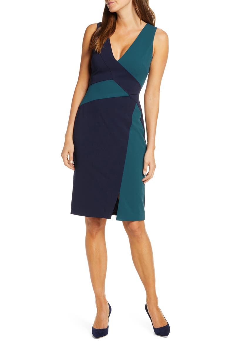 Colorblock Scuba Crepe Sheath Dress, Main, color, MIDNIGHT TEAL