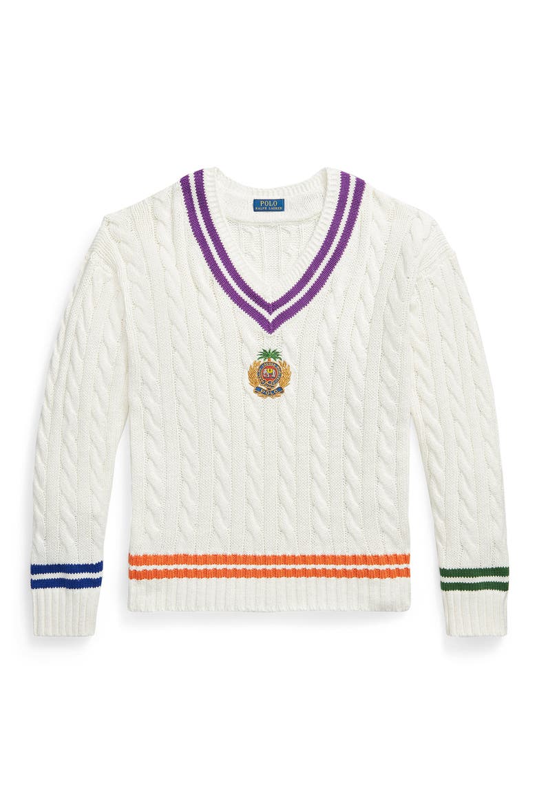 Embroidered Cricket Cotton & Linen V-Neck Sweater, Alternate, color, CREAM COMBO