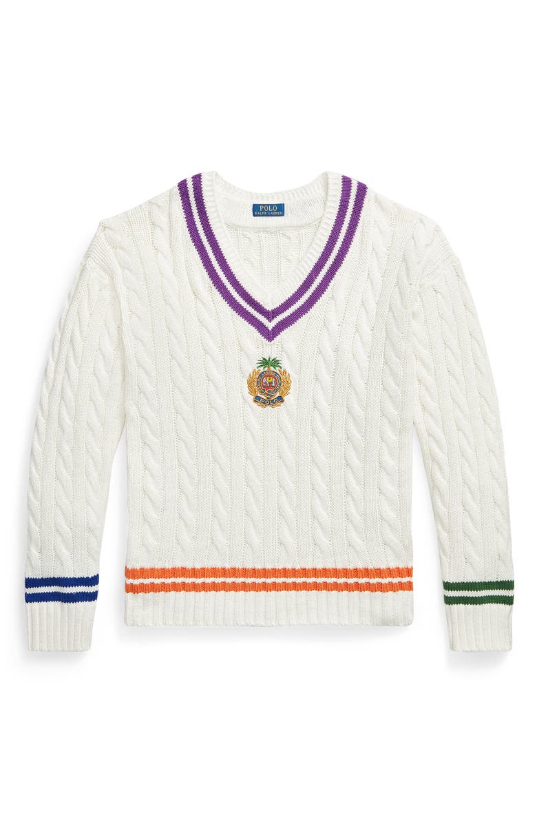 Polo Ralph Lauren Embroidered Cricket Cotton & Linen V-Neck Sweater, Alternate, color, Cream Combo