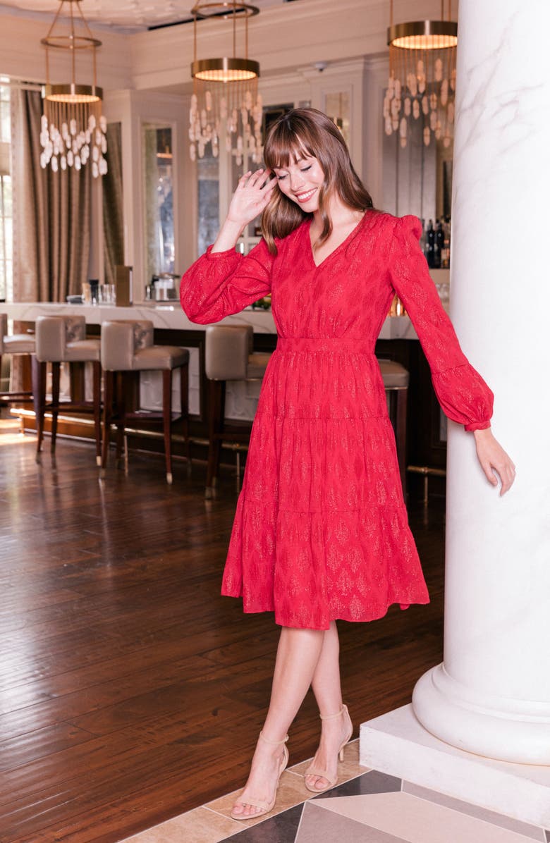 Gal Meets Glam Collection Annette Metallic Jacquard Long Sleeve Dress, Alternate, color,