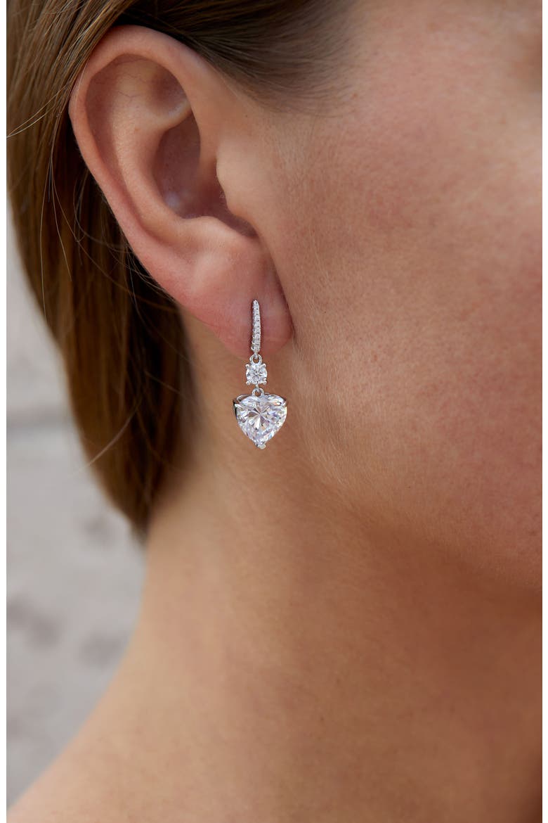 Rhodium Plated Sterling Silver Canary CZ Heart Drop Huggie Earrings, Alternate, color, WHITE