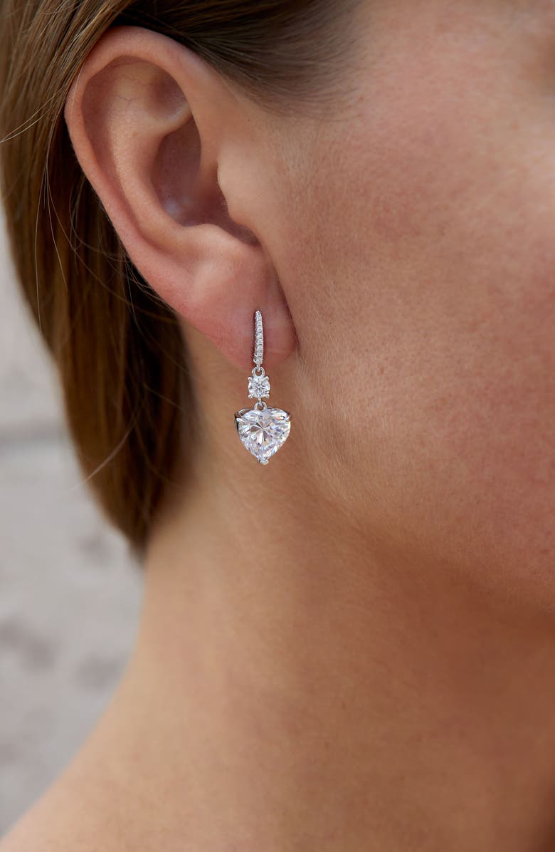 SAVVY CIE JEWELS Rhodium Plated Sterling Silver Canary CZ Heart Drop Huggie Earrings, Alternate, color, White