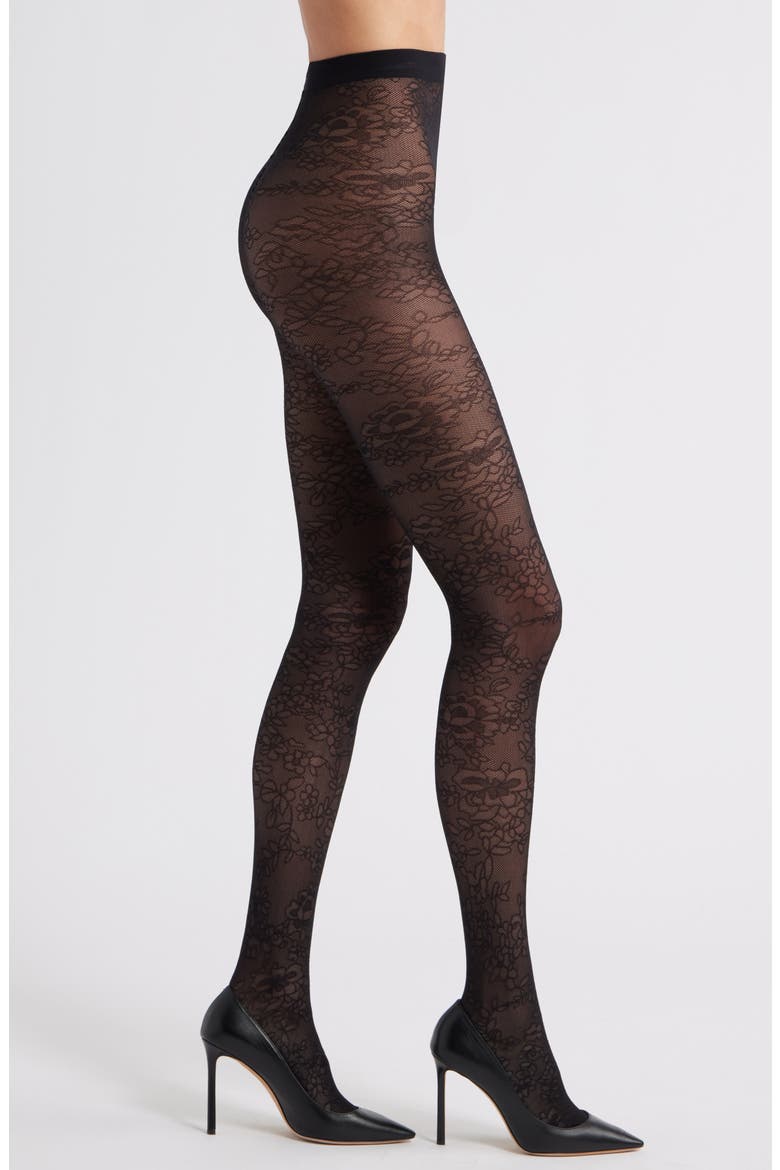 Sheer Floral Tights, Main, color, BLACK