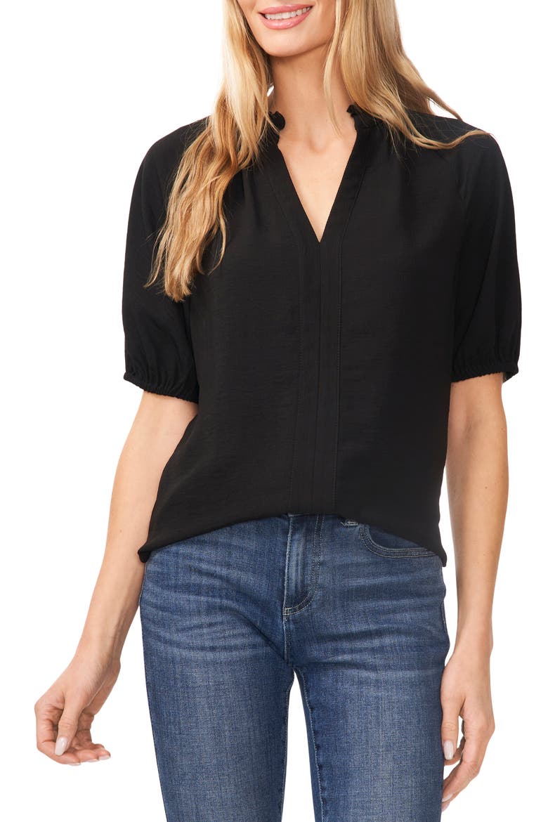 Ruffle Split Neck Blouse, Main, color, RICH BLACK