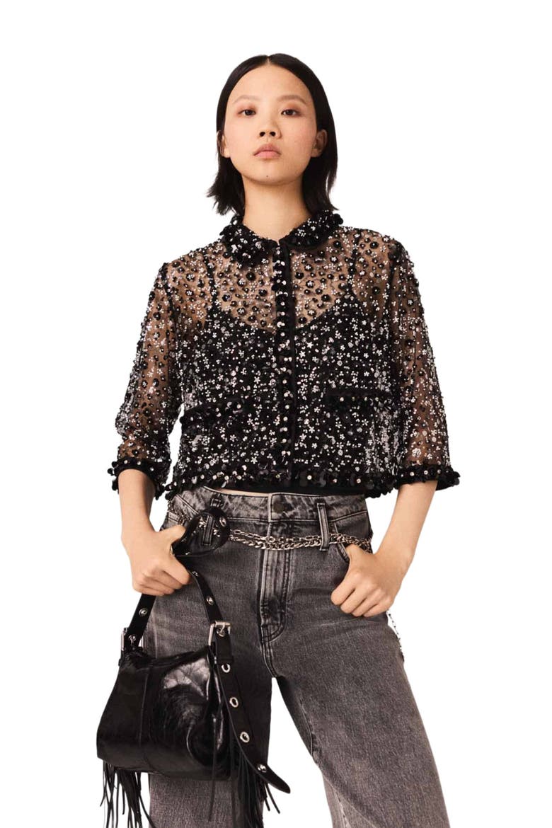 Floral rhinestone polo, Alternate, color, Black