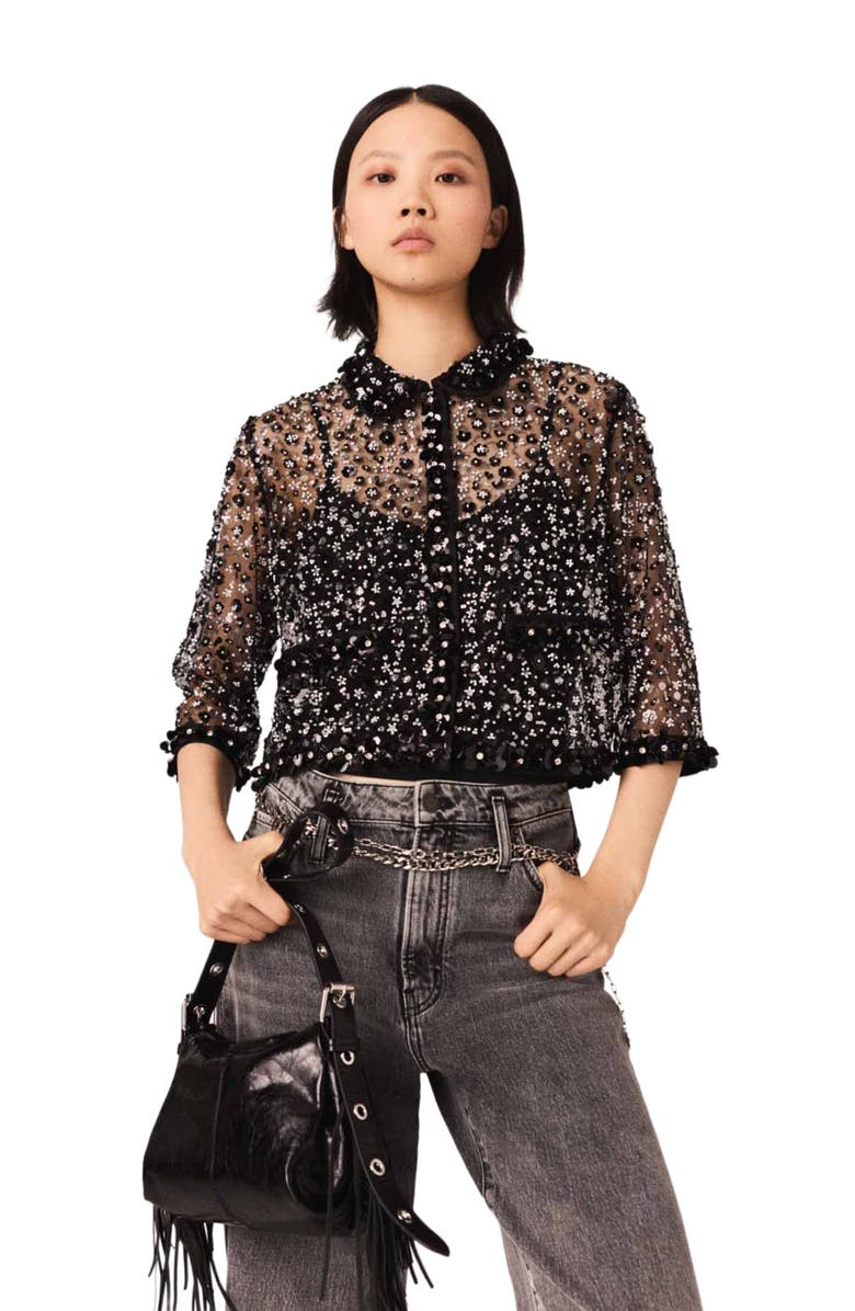 maje Floral rhinestone polo, Alternate, color, Black