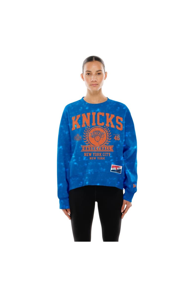 Women's New Era  Blue New York Knicks Throwback Collection Mineral Wash Crewneck Sweatshirt, Main, color, Blue