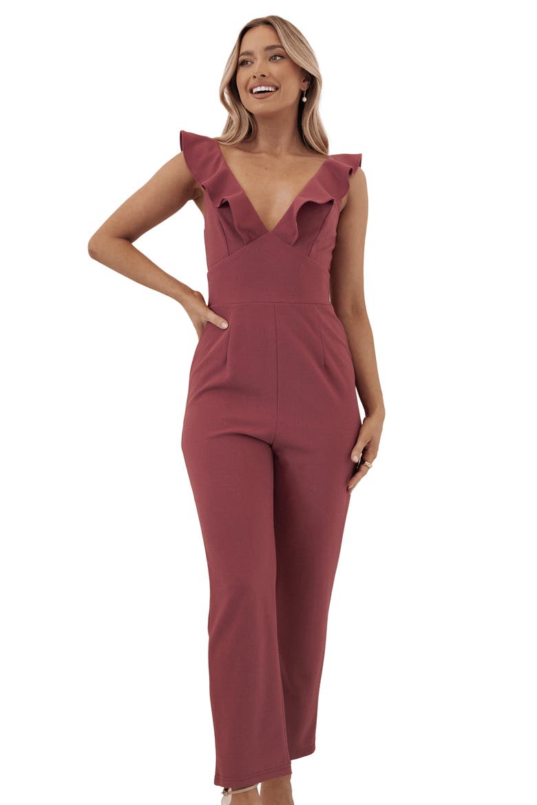 Mirabelle Ruffle Jumpsuit, Alternate, color, DARK ROSE
