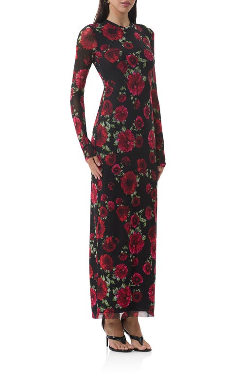 Afrm Didi Printed Long Sleeve Mesh Maxi Dress In Black