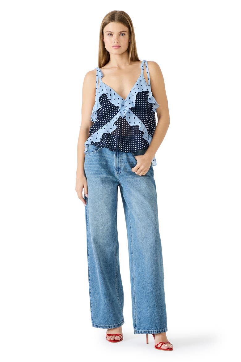 Adalina Polka Dot Ruffle Chiffon Tank, Alternate, color, VINTAGE NAVY