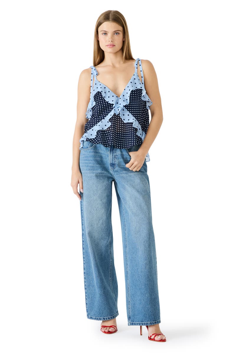 Steve Madden Adalina Polka Dot Ruffle Chiffon Tank, Alternate, color, Vintage Navy