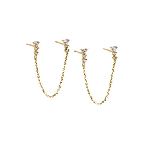 CZ 3 Prong Draped Chain Stud Earring