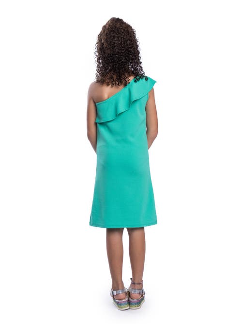 24sevenkid Solid Color One Shoulder Ruffle Knee Length Dress In Green