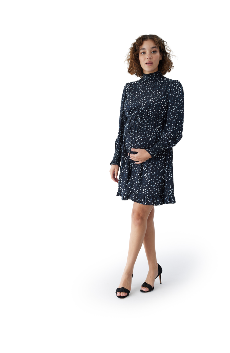 Ingrid & Isabel Maternity Smocked Mock Neck Mini Dress, Main, color, Black/White Dot