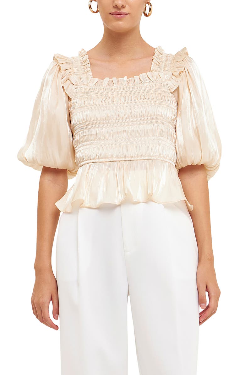 Endless Rose Sheen Smocked Blouse, Main, color, Cream