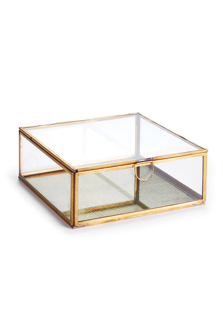 Arwen Large Antique Brass & Glass Decorative Display Box 8" x 8" x 3", Main, color, Gold