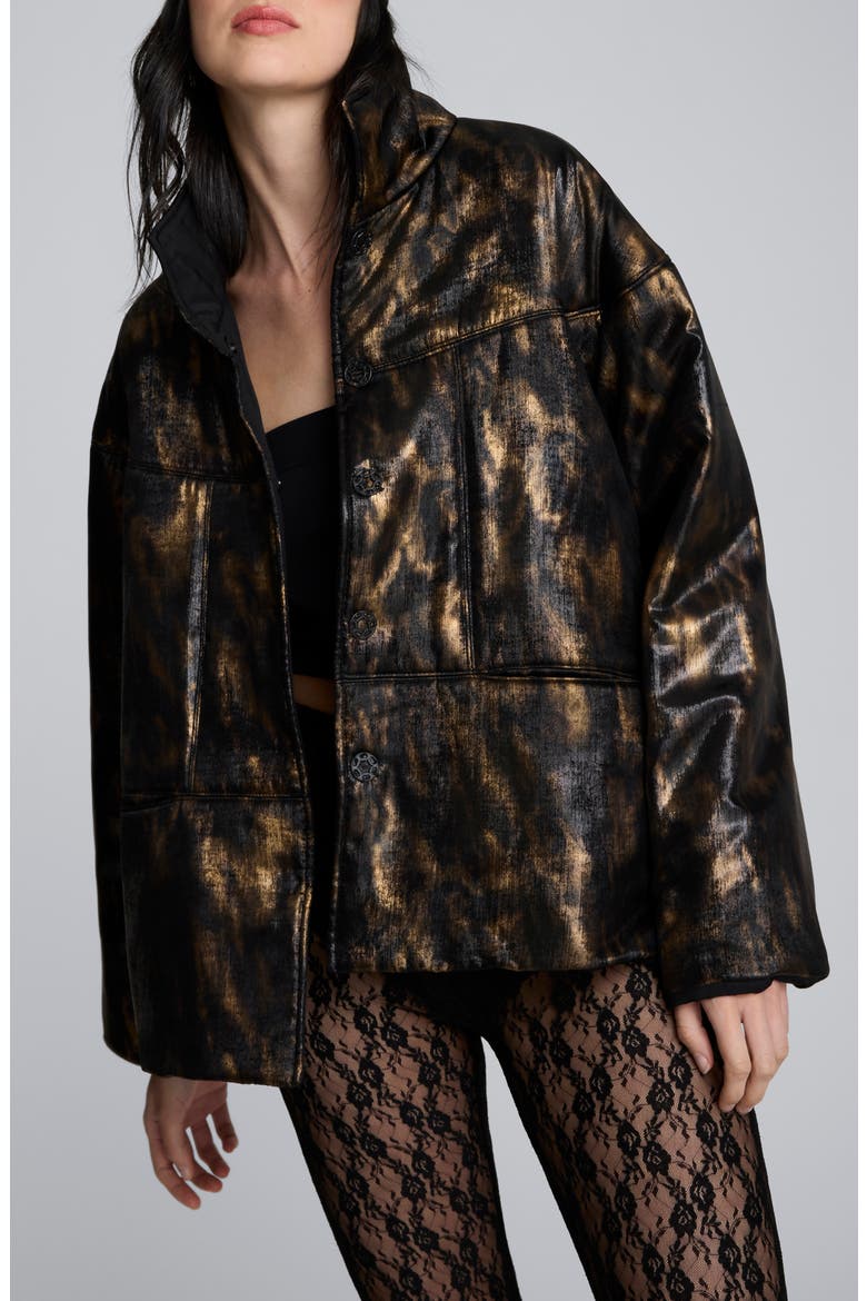 Animal Print Foiled Satin Seamed Puffer Jacket, Main, color, BLACK/ MARSH BROWN
