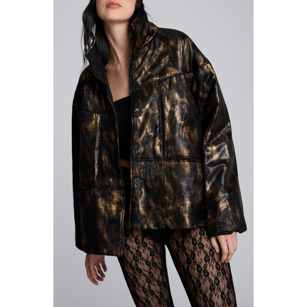 Kenneth Cole Animal Foiled Satin Lightweight Seamed Puffer Jacket In Black