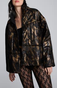 Kenneth Cole Animal Print Foiled Satin Seamed Puffer Jacket
