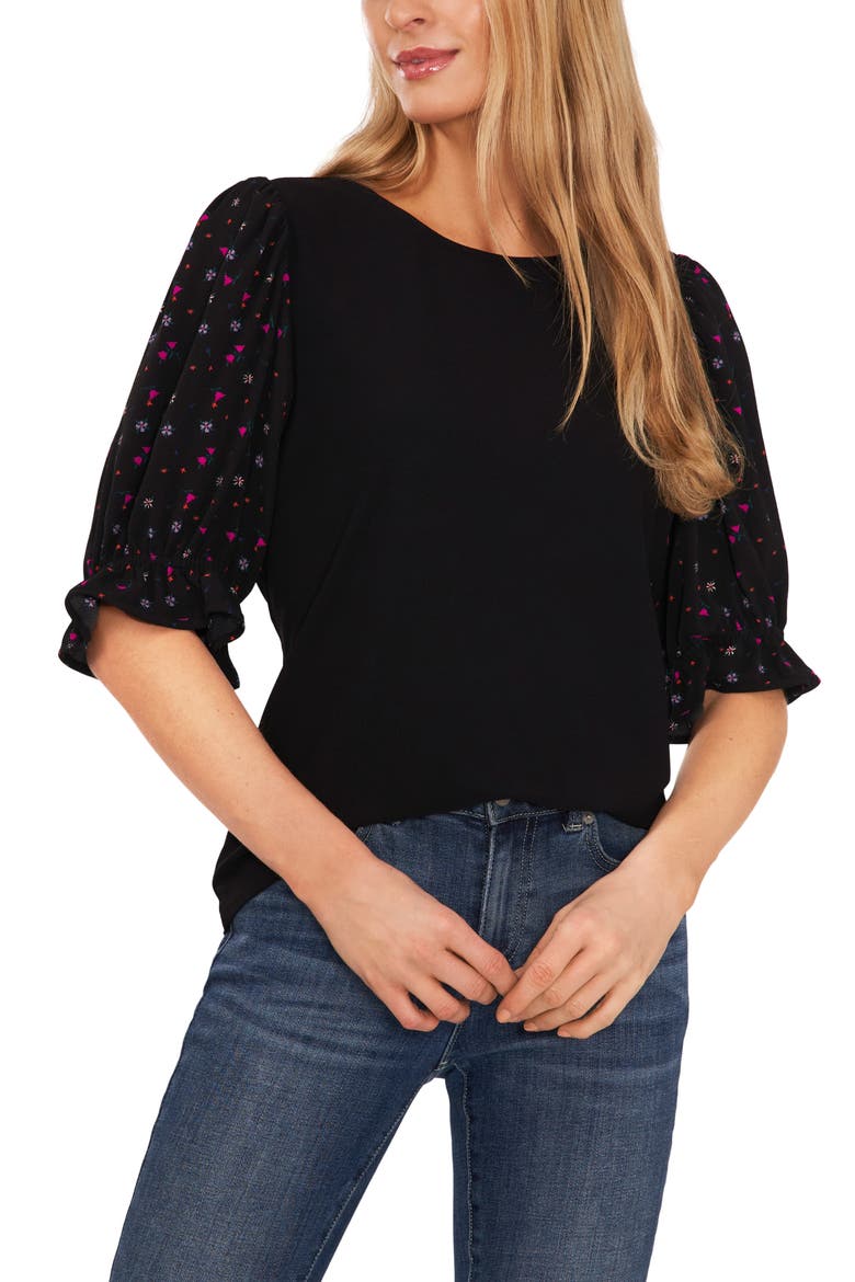 Mixed Media Puff Sleeve Top, Main, color, RICH BLACK