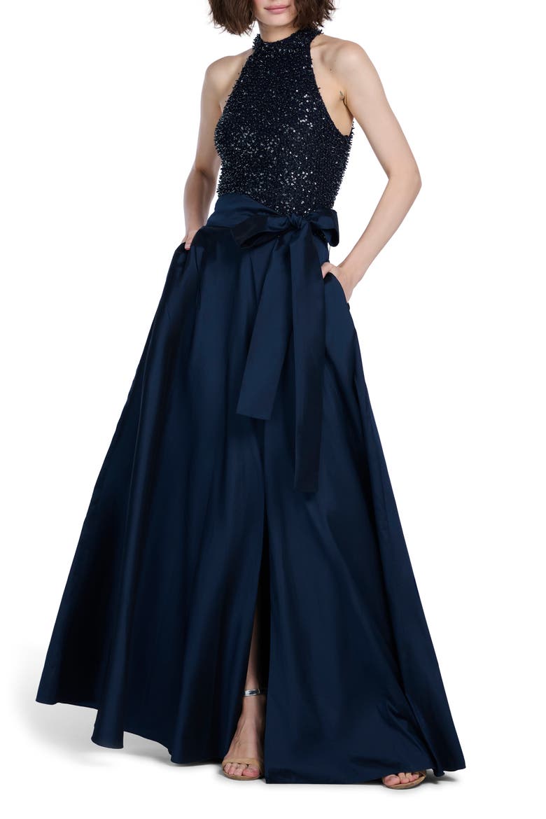 Hand Embellished Bodice Taffeta Gown, Alternate, color, NAVY