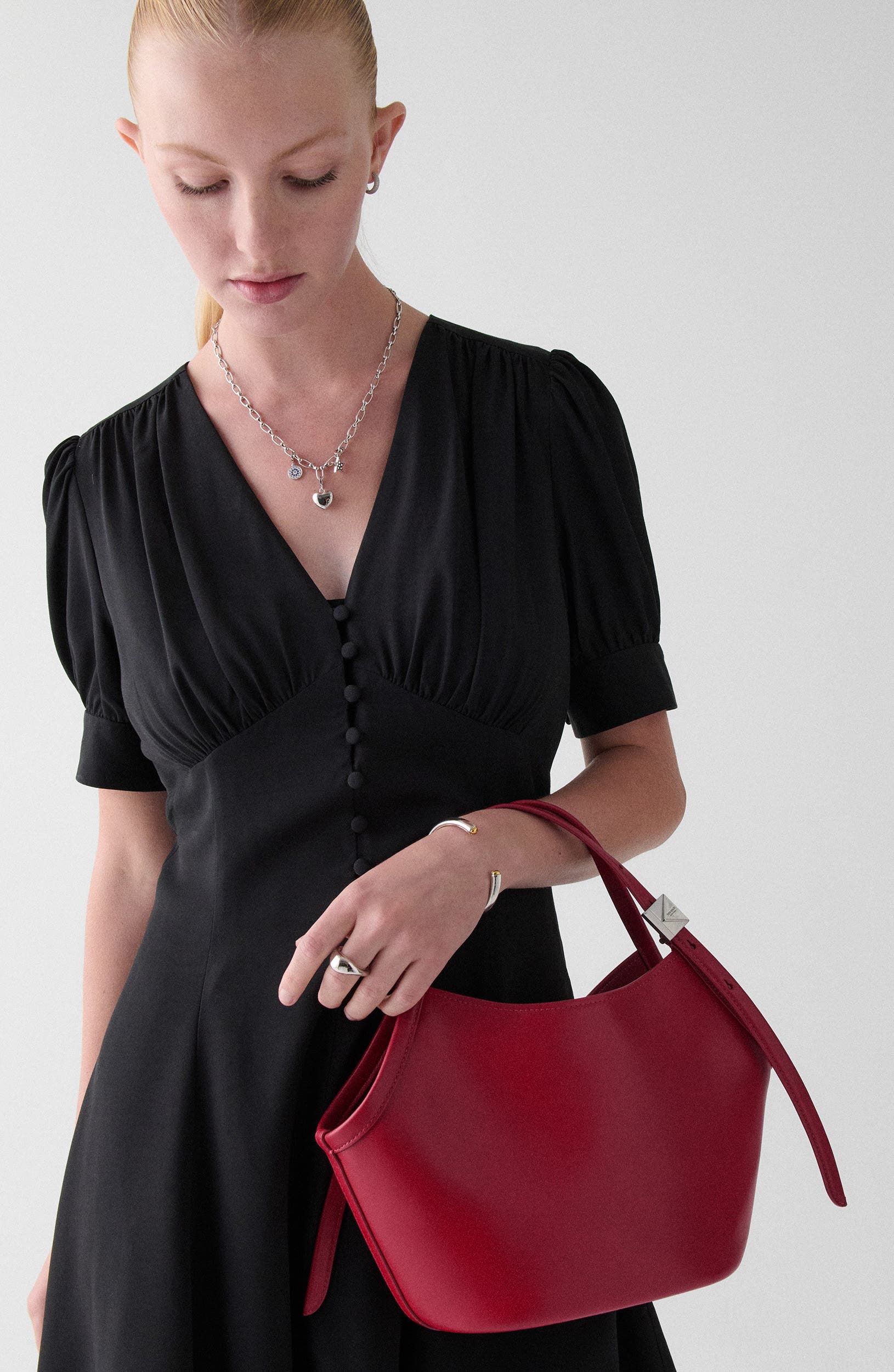 small deco fine grain leather tulip top handle bag, Alternate, color, RED JAM