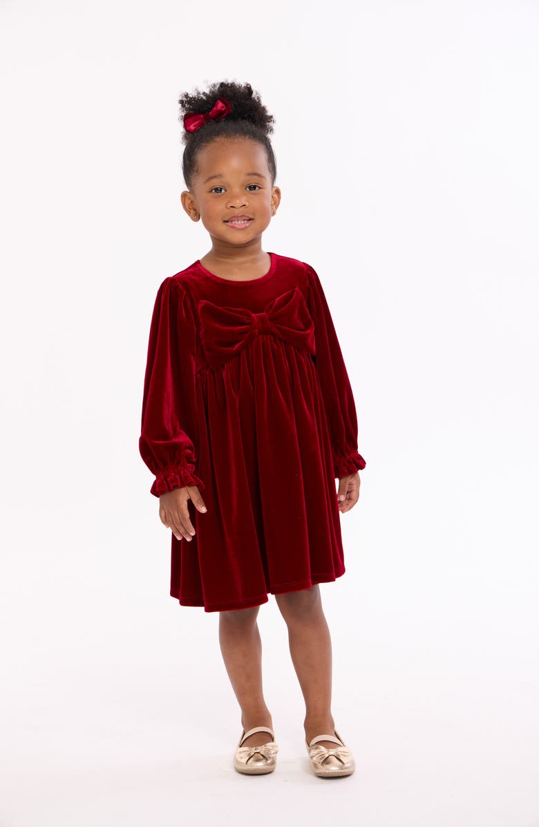 Iris & Ivy Bow Long Sleeve Stretch Velvet Party Dress, Alternate, color, Red