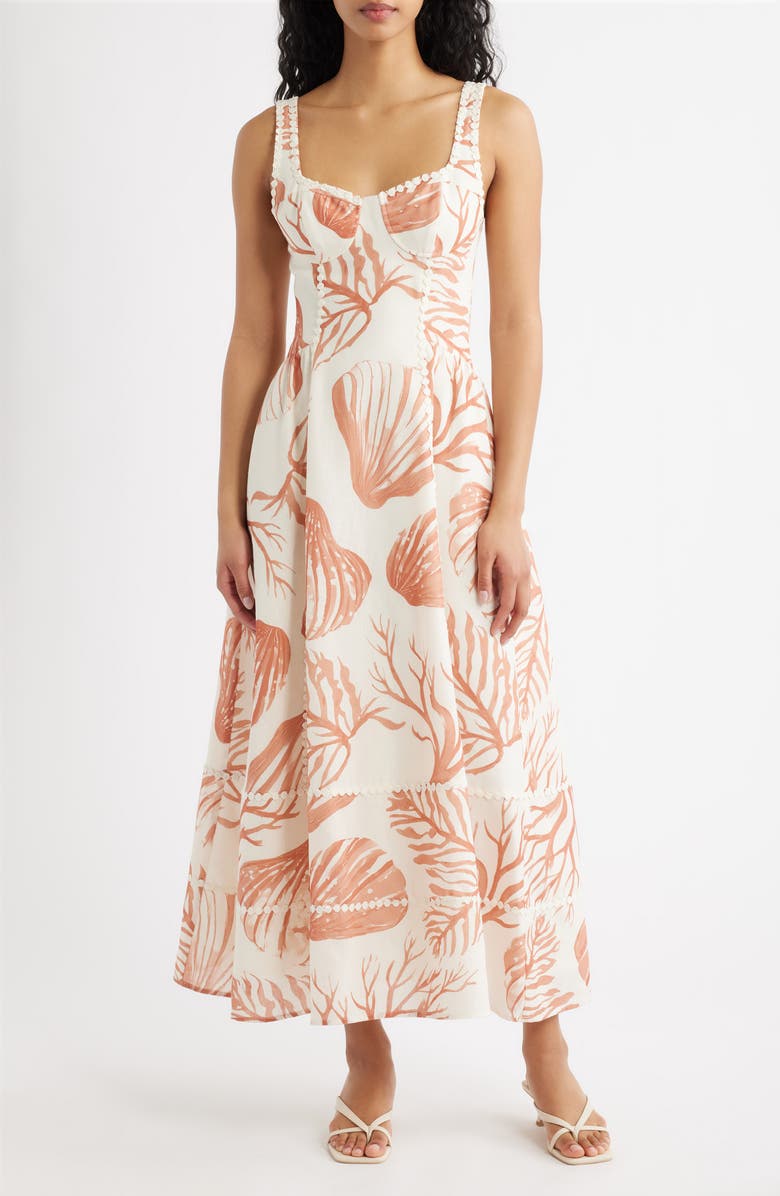 MOON RIVER Embroidered Trim Seamed Cup Midi Dress, Main, color, Cream Multi