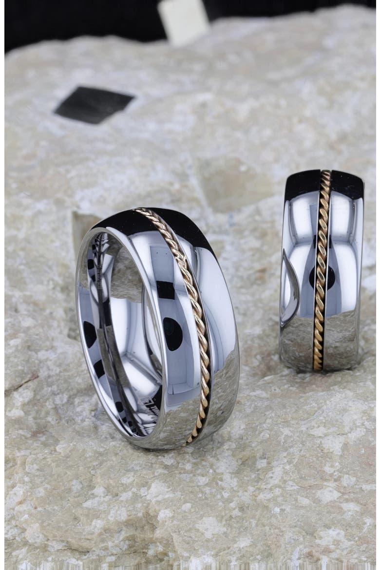 Braided 14K Gold Inlay Domed Tungsten Ring, Alternate, color, Silver / Gold Inlay 8mm