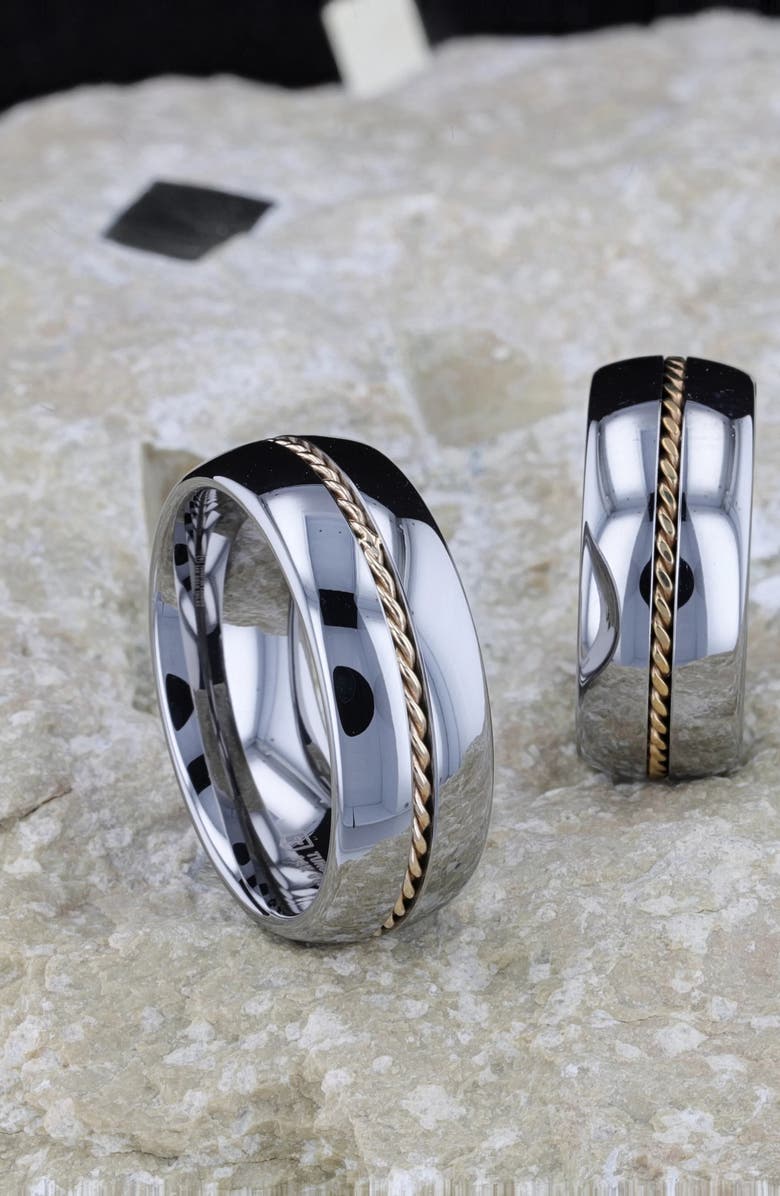 Larson Jewelers Braided 14K Gold Inlay Domed Tungsten Ring, Alternate, color, Silver / Gold Inlay 8Mm
