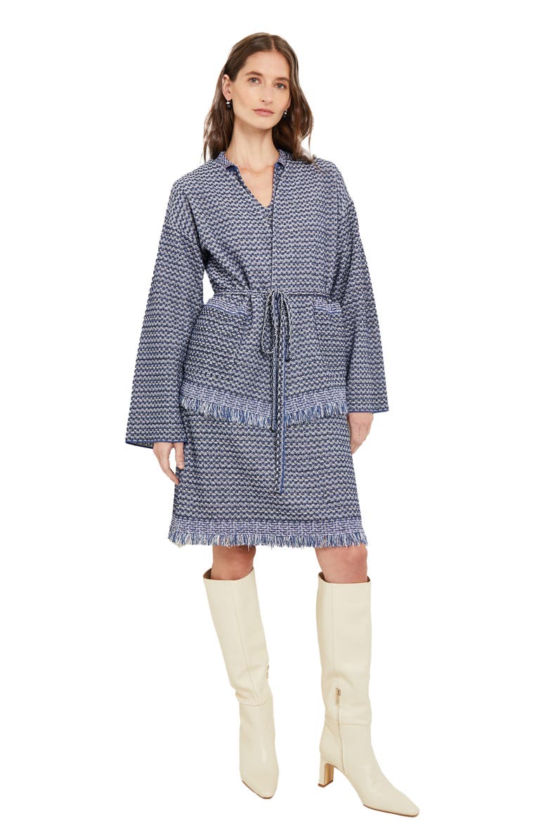 Misook Fringe Tie Waist Cardigan, Alternate, color, Oceanic/White/Black