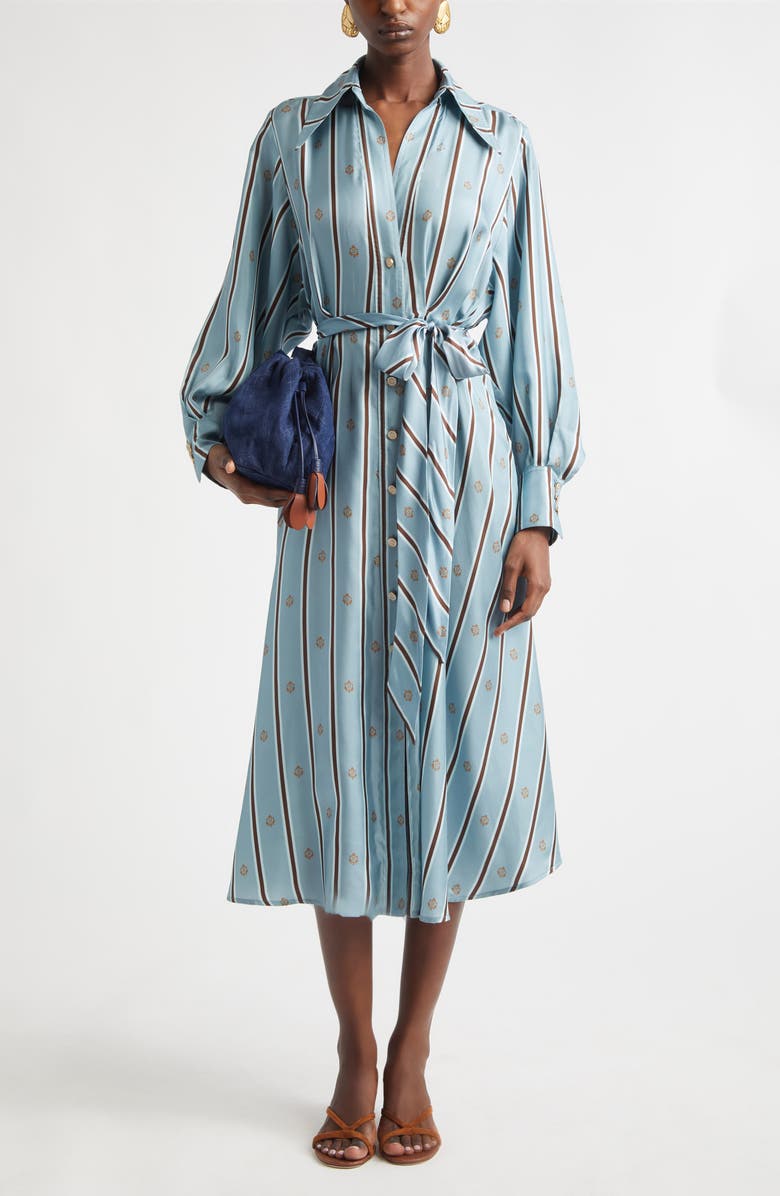 Zimmermann Emblem Tuck Long Sleeve Belted Midi Silk Shirtdress, Alternate, color, Blue Emblem