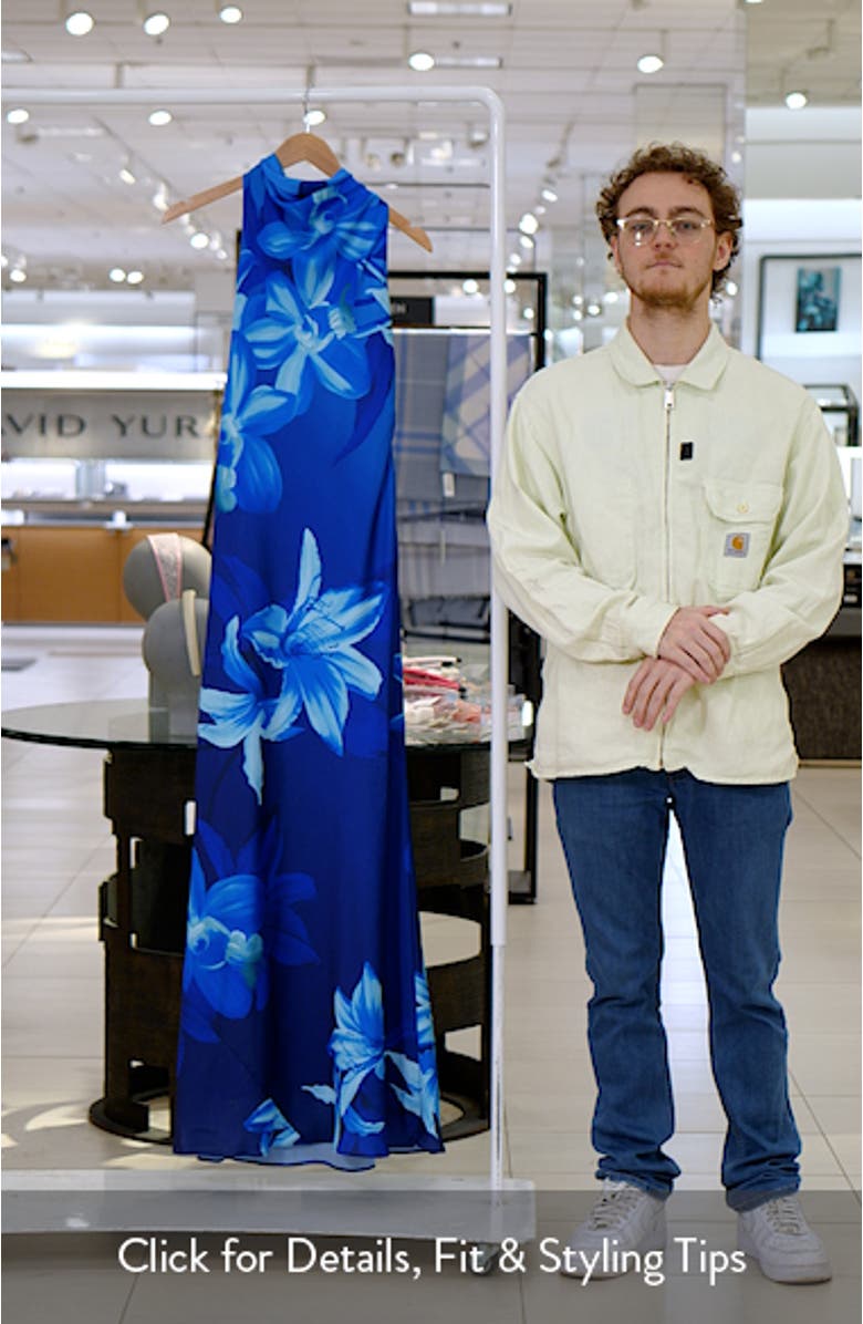 Floral Halter Neck Hammered Satin Gown, sales video thumbnail