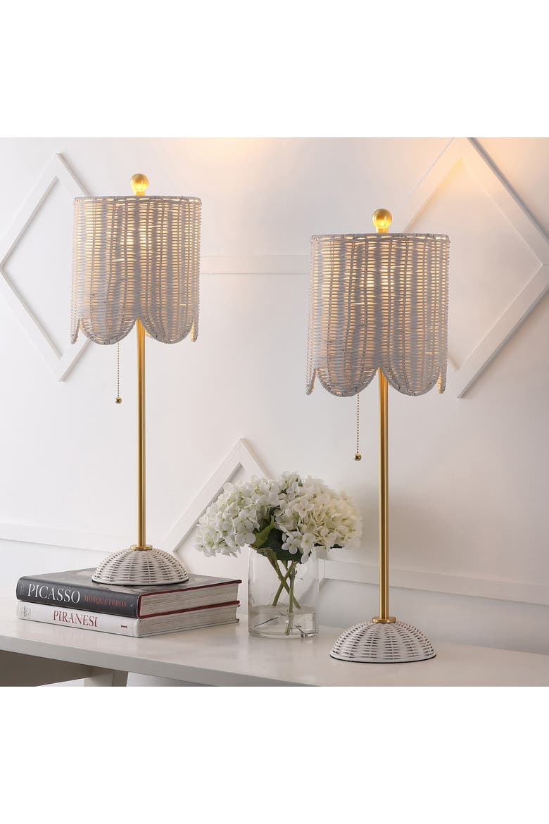 Celerie 27.5" Coastal Bohemian Rattan/Iron Scalloped Buffet LED Table Lamp with Pull Chain, Alternate, color, White/Brass Gold