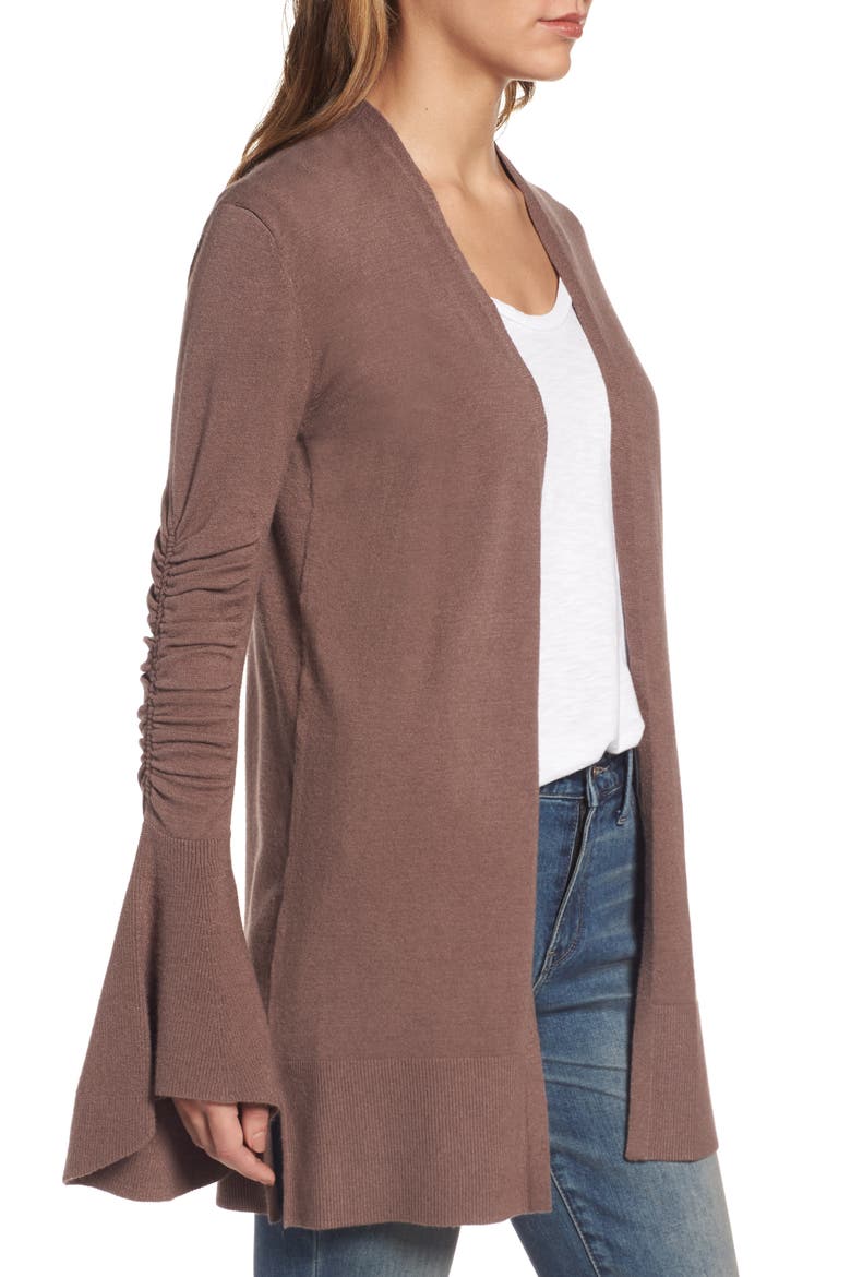 Ruched Bell Sleeve Cardigan, Alternate, color, BROWN TAUPE