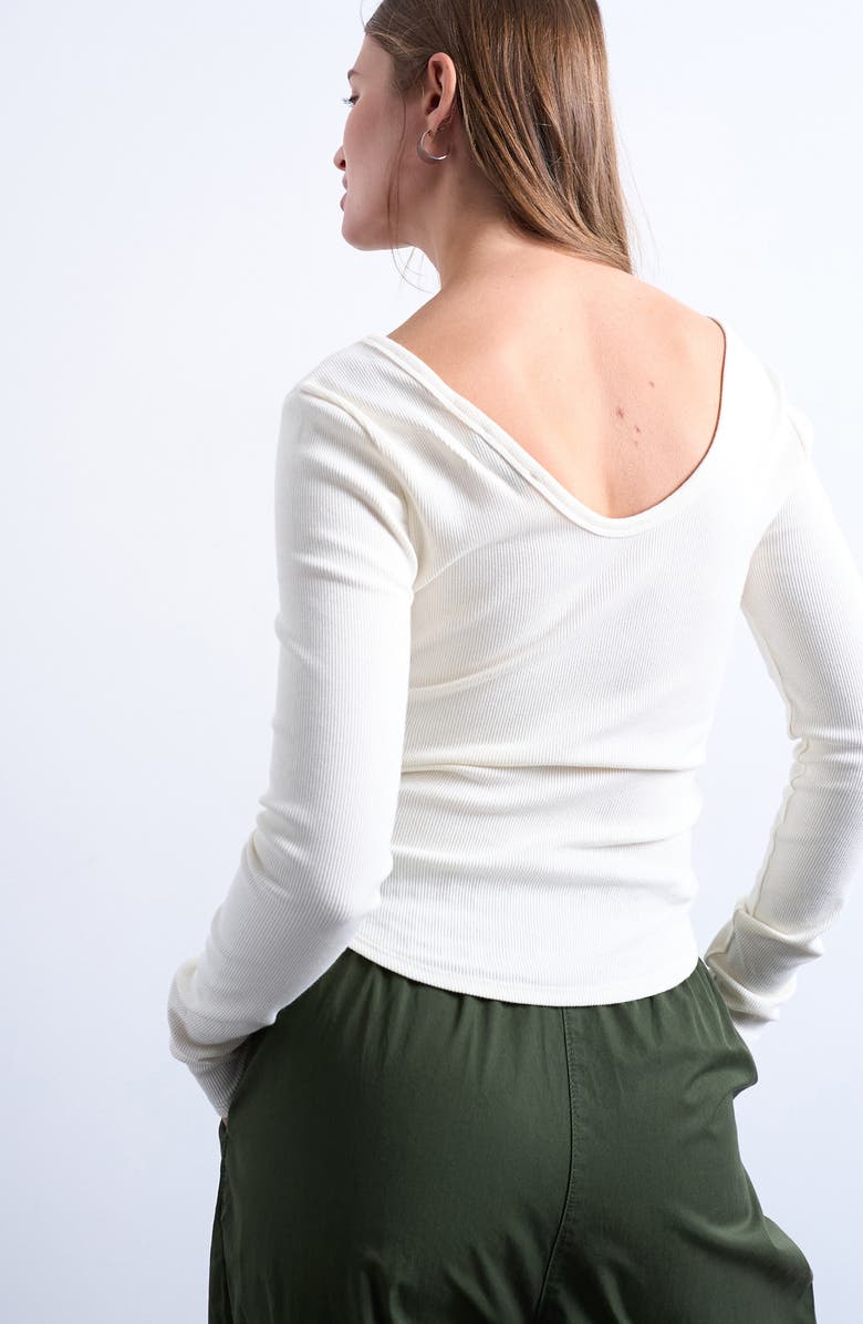 Topshop Double V-Neck Long Sleeve Stretch Cotton Rib Top, Alternate, color, Cream