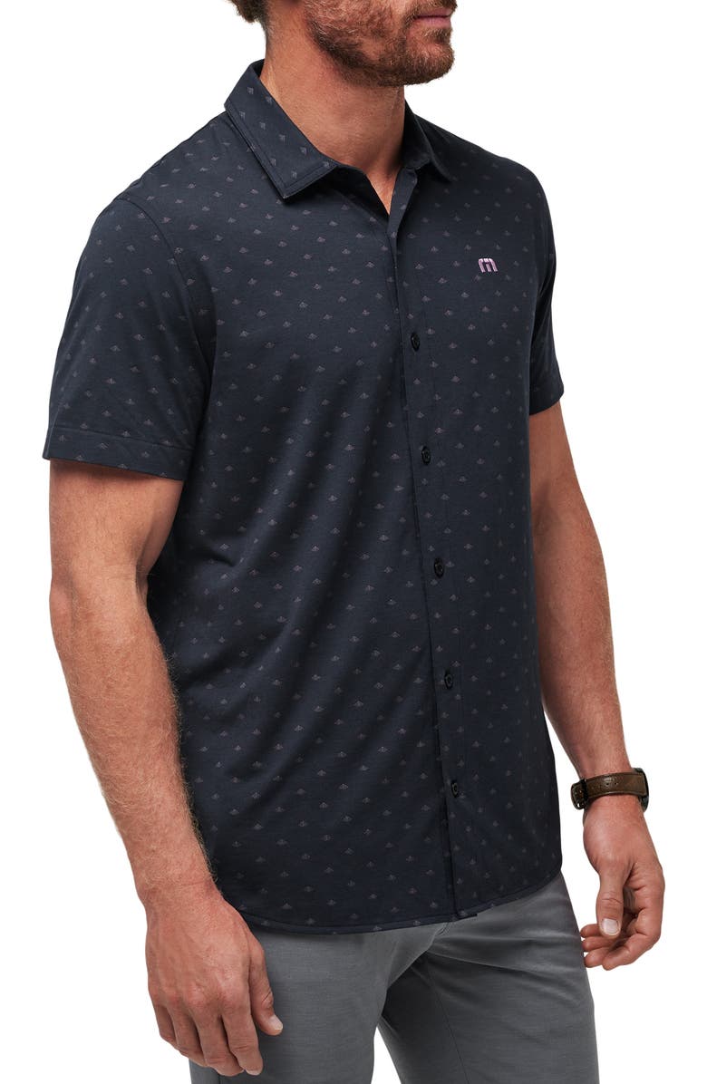 TravisMathew Set a Course Geo Print Knit Short Sleeve Button-Up Shirt, Alternate, color, Total Eclipse