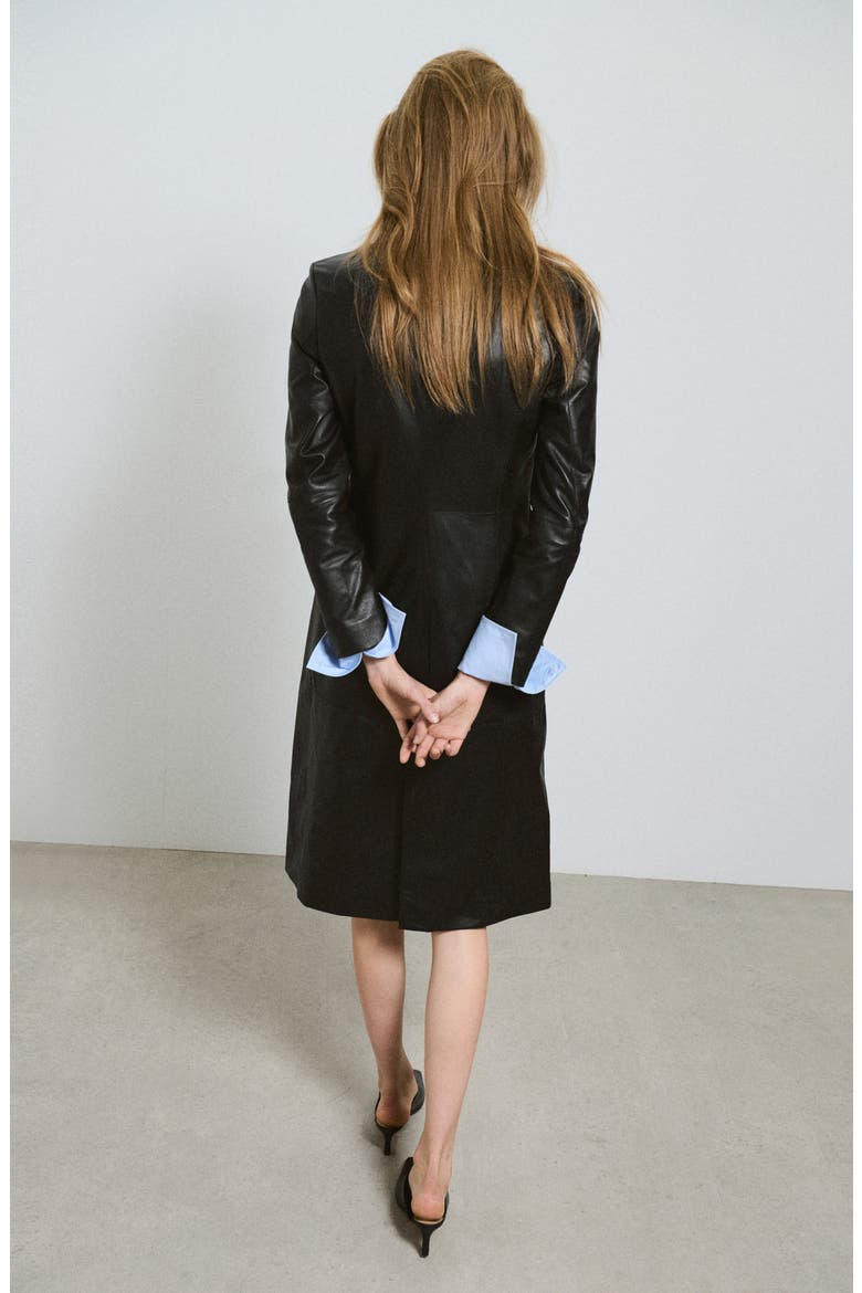 Peak Lapel Leather Coat, Alternate, color, BLACK