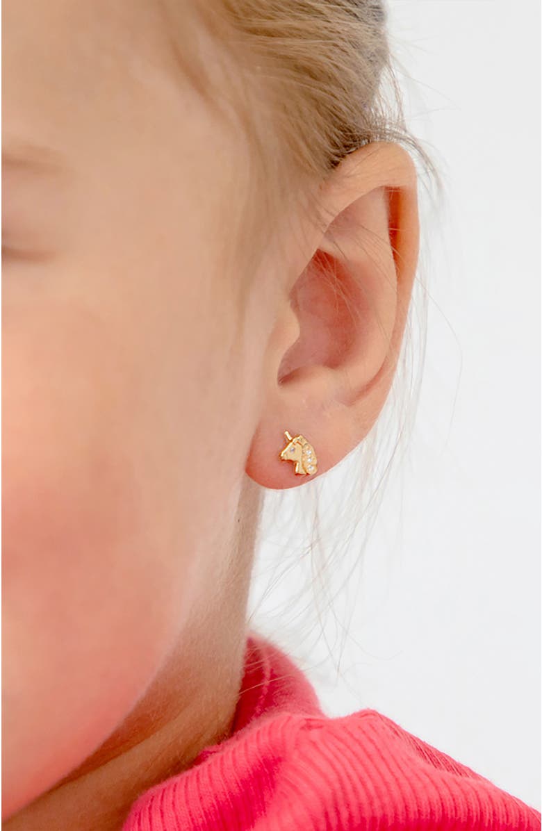 In Season Jewelry 14k Glimmering Clear Cubic Zirconia Unicorn Earrings, Alternate, color, Gold